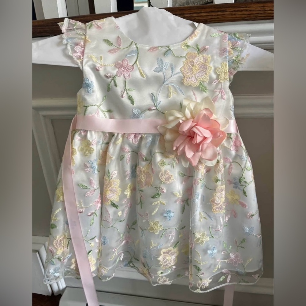Toddler Girl's Floral Embroidered White Party Dress with Pink Sash